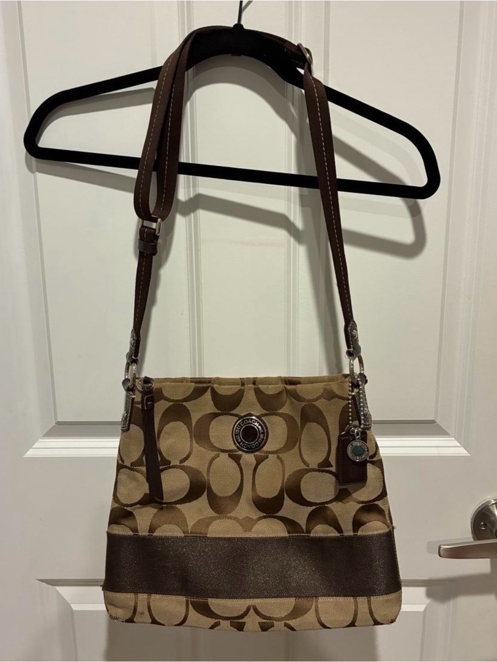 Coach Brown Signature Canvas Crossbody with Leather Trim